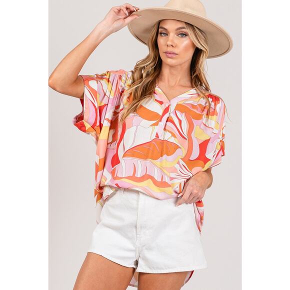 SAGE + FIG Abstract Print Half Button Short Sleeves Oversized Blouse | Coral - Picture 6 of 6